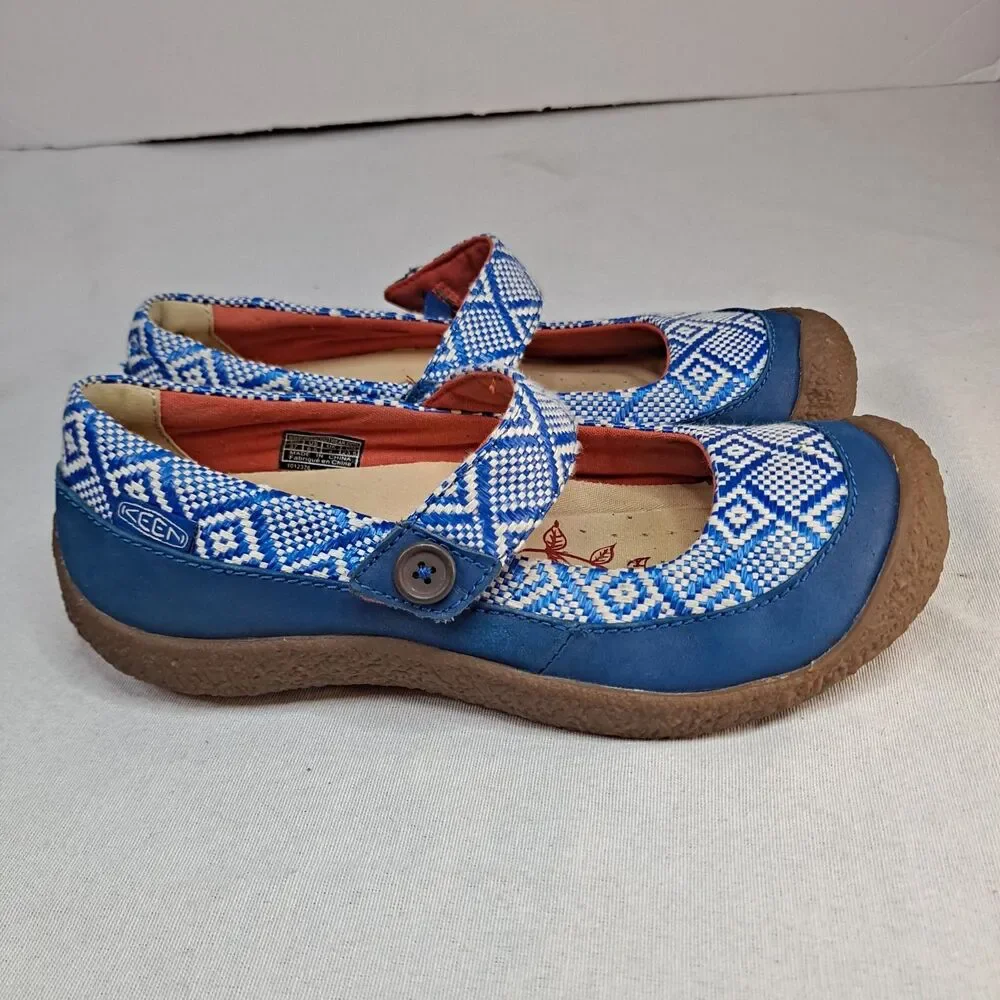 Keen Harvest Button Mary Jane Shoes Women's 6.5M Blue and White ikat pattern